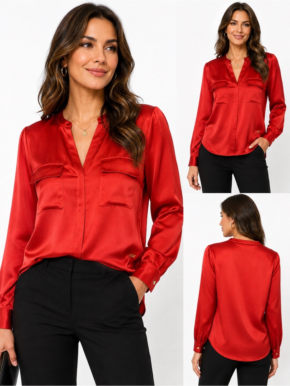 Jones New York Signature Red Satin Utility Pocket Blouse Large Career Chic
